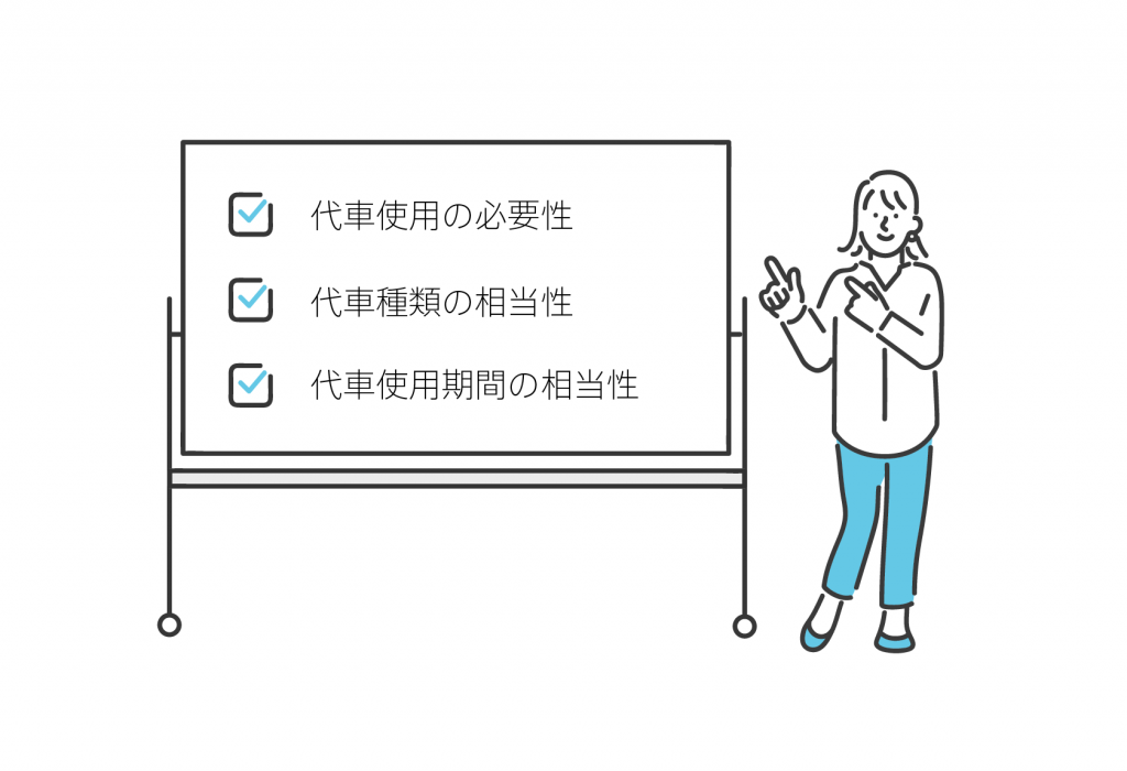 代車賠償の要件として、代車使用の必要性、代車種類の相当性、代車使用期間の相当性があります。